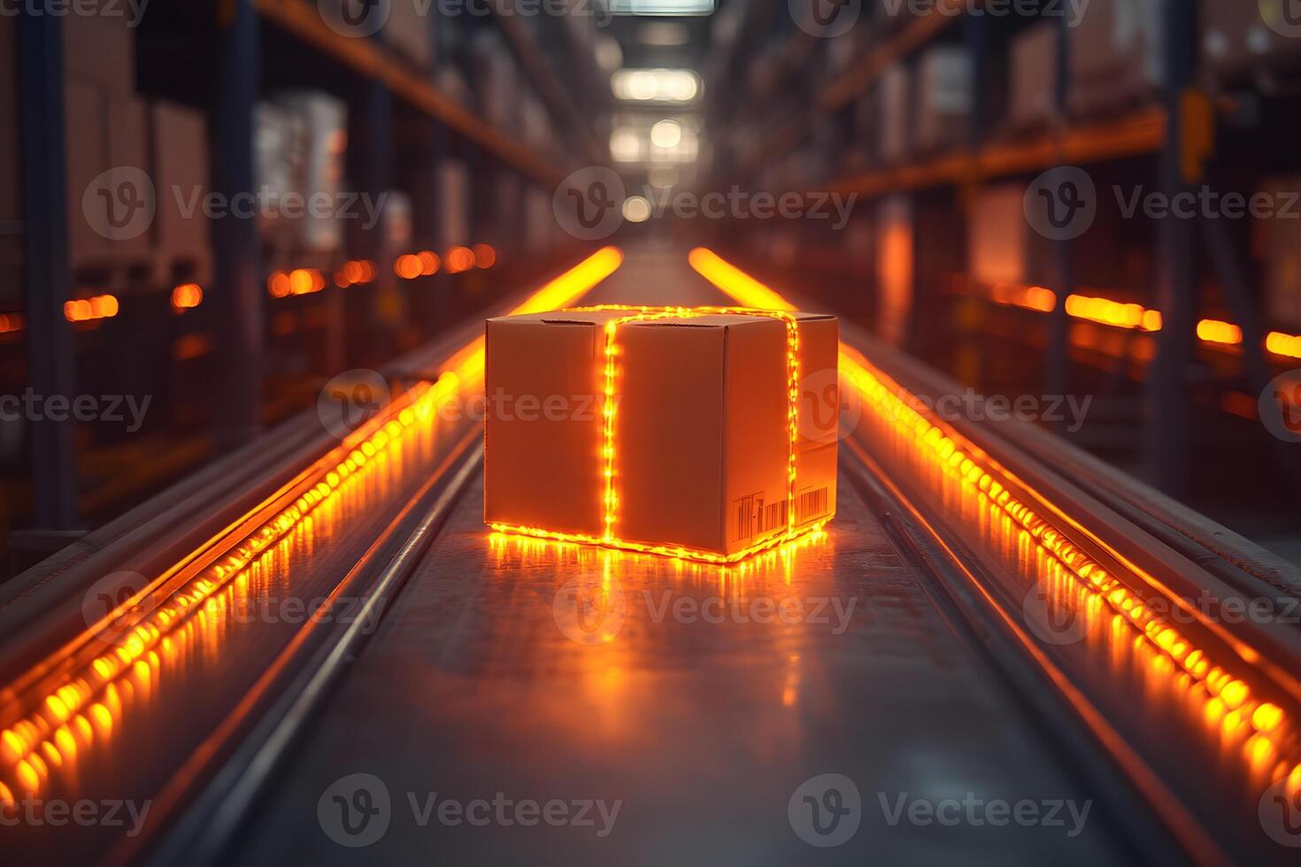 Futuristic Package on Conveyor Belt for Logistics and Shipping Advertisement photo