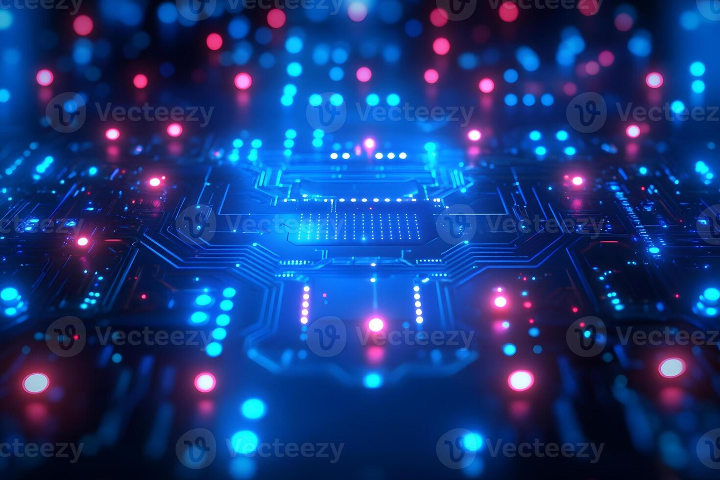 Futuristic Blue and Red Circuit Board with Glowing Lights for Technology Design photo
