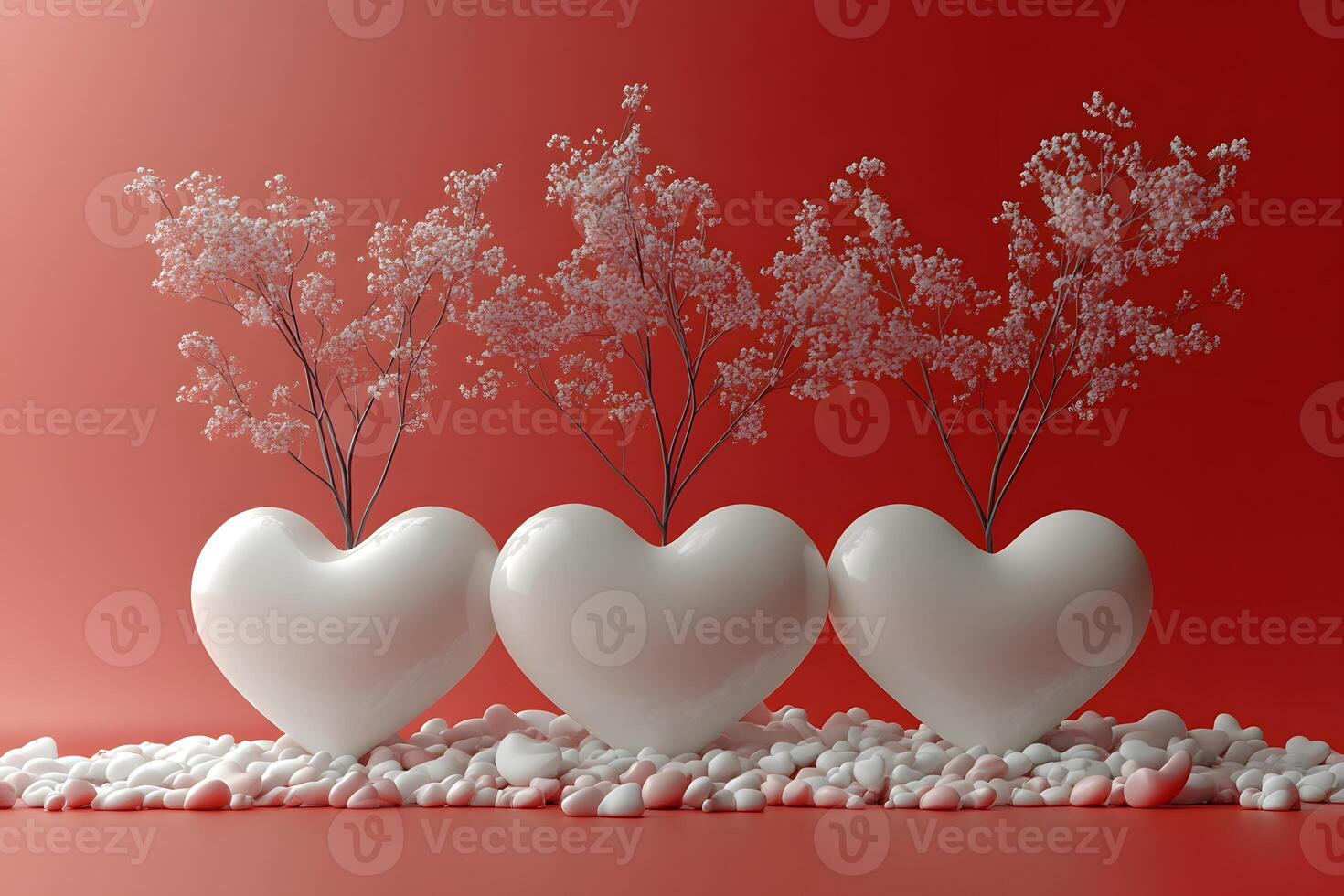 Romantic Heart-Shaped Vases with Delicate Florals on Red Background for Valentine's Day Decor photo