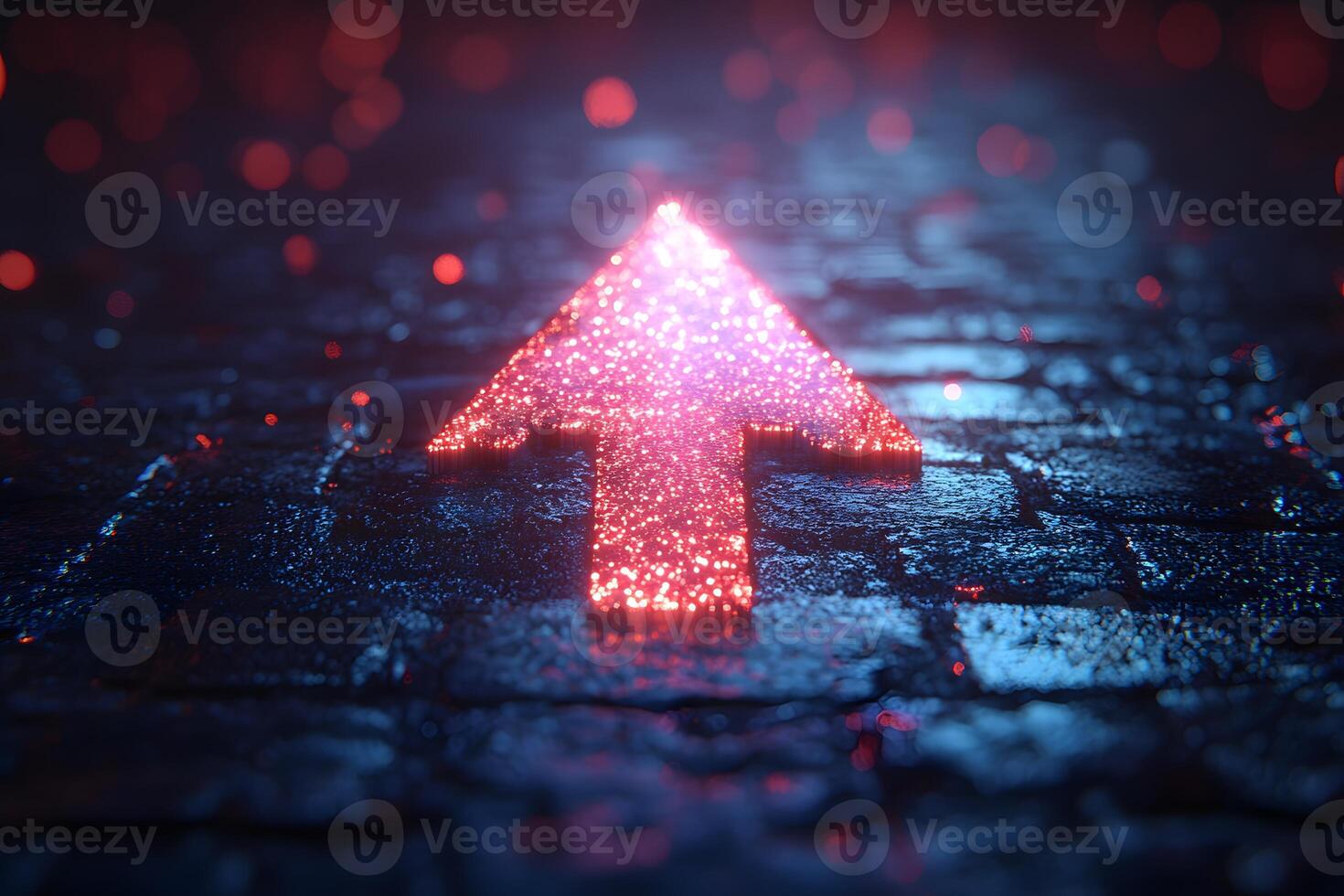 Futuristic Neon Arrow on Wet Cobblestone Street for Directional Signage Concept photo