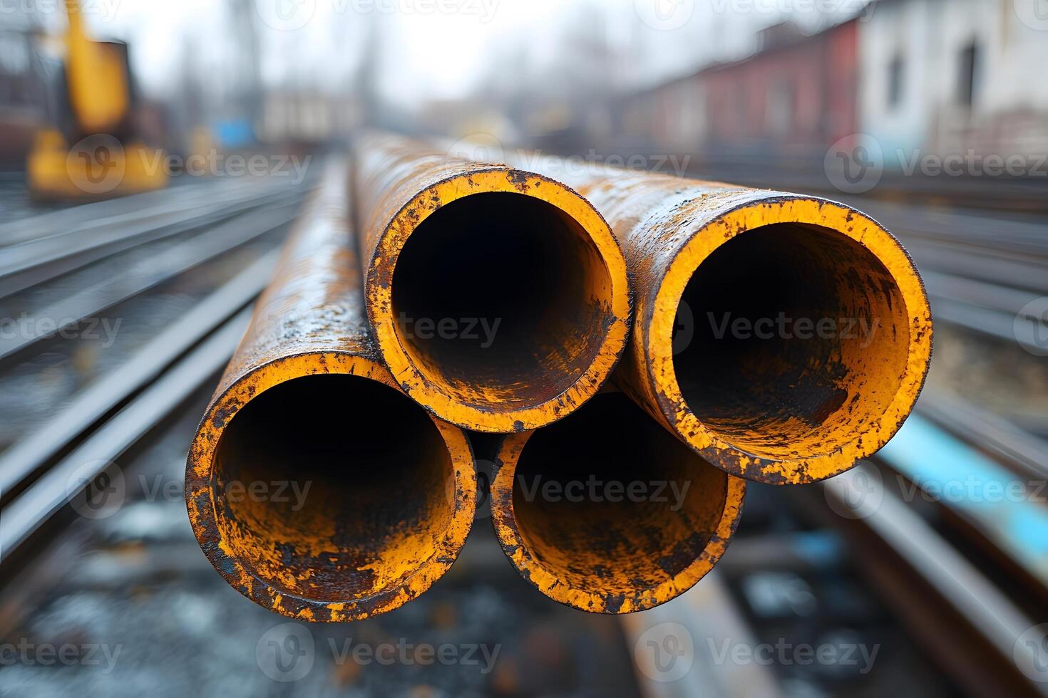 Industrial Metal Pipes Stacked in Construction Yard for Urban Development Projects photo
