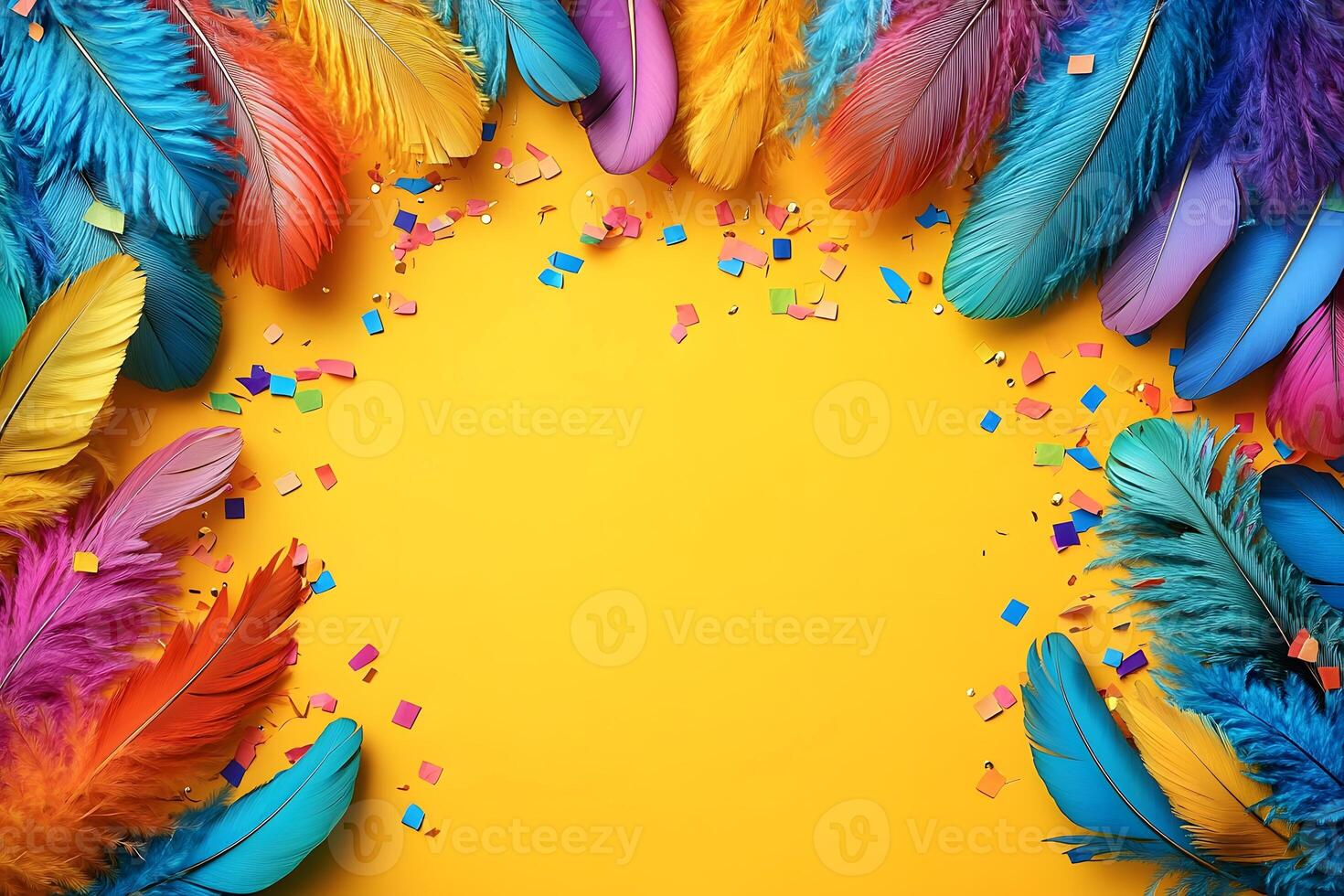 Colorful Feather and Confetti Frame on Bright Yellow Background for Festive Designs photo