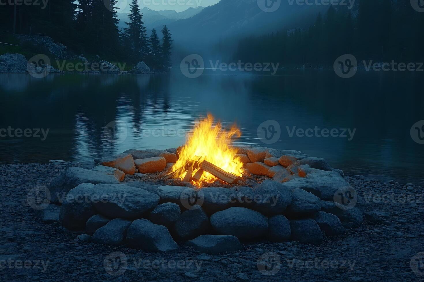 Tranquil Evening by Campfire on Lakeside with Scenic Mountain View for Relaxation and Reflection photo