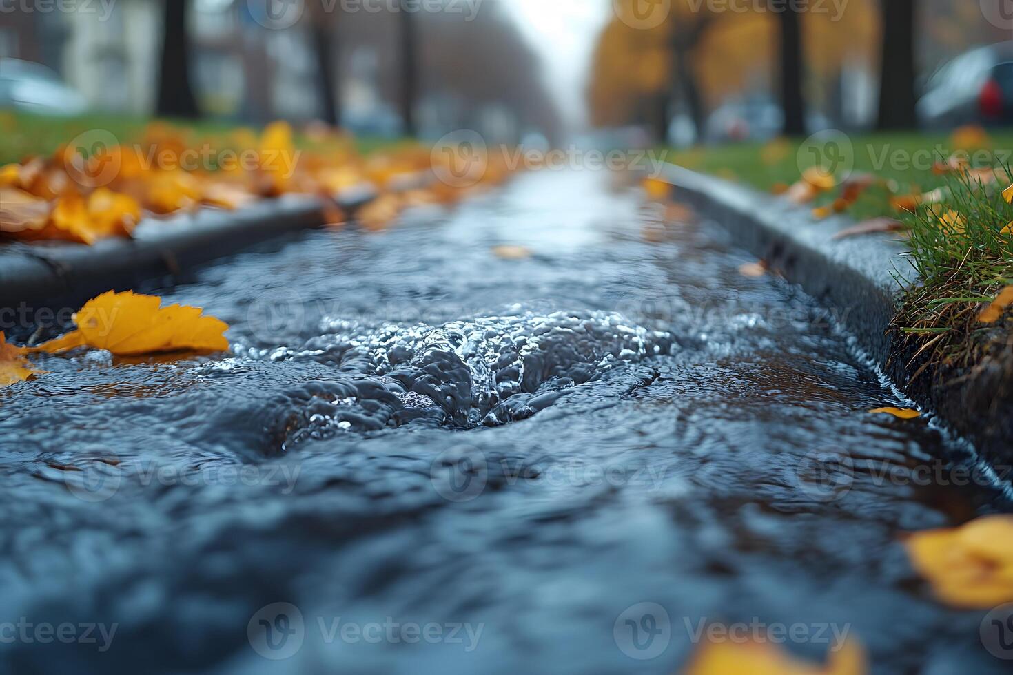 Autumn Urban Stream with Fallen Leaves and Blurred Background for Nature Concepts photo