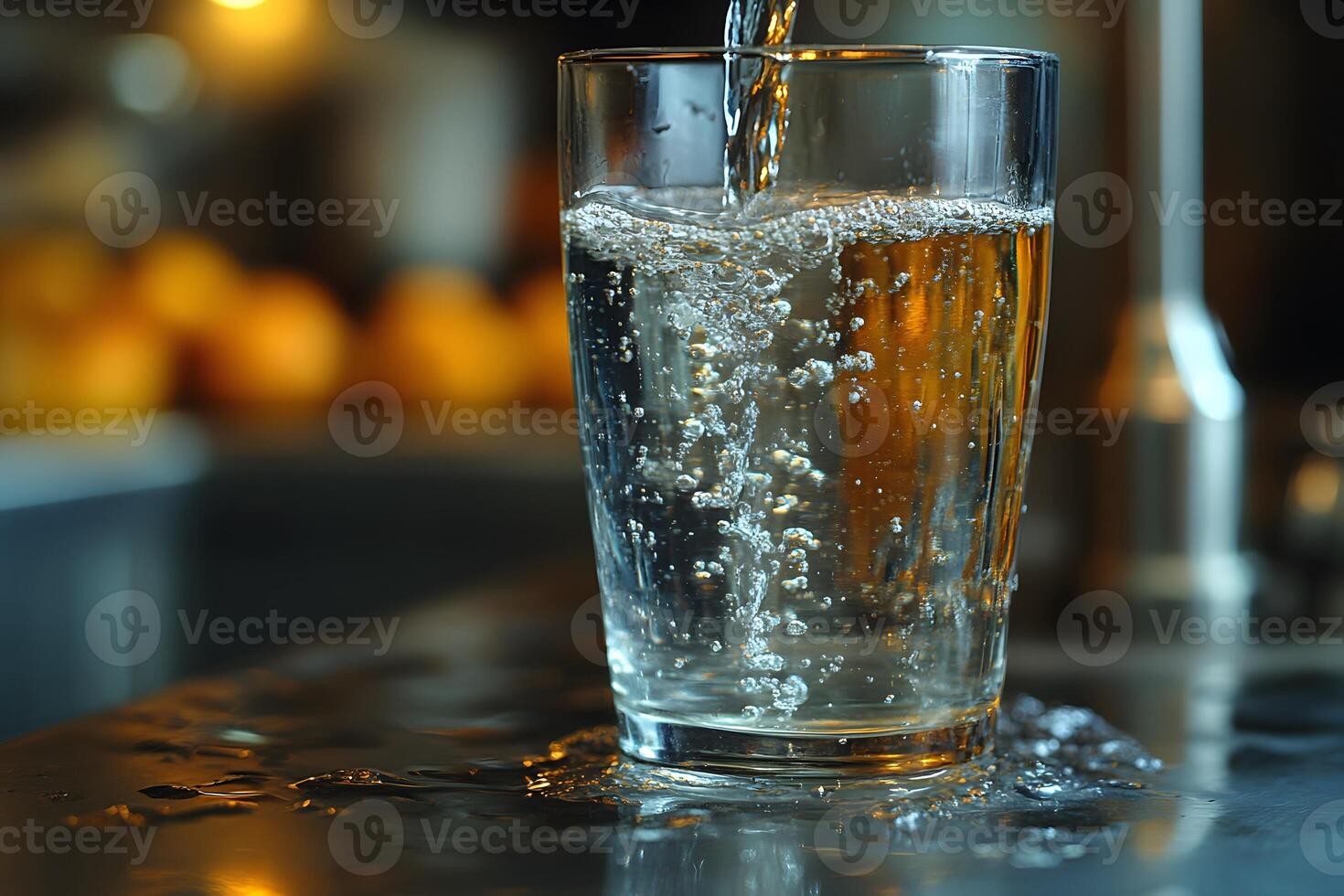 Refreshing Glass of Water Being Poured on a Kitchen Counter, Ideal for Hydration and Wellness Concepts photo