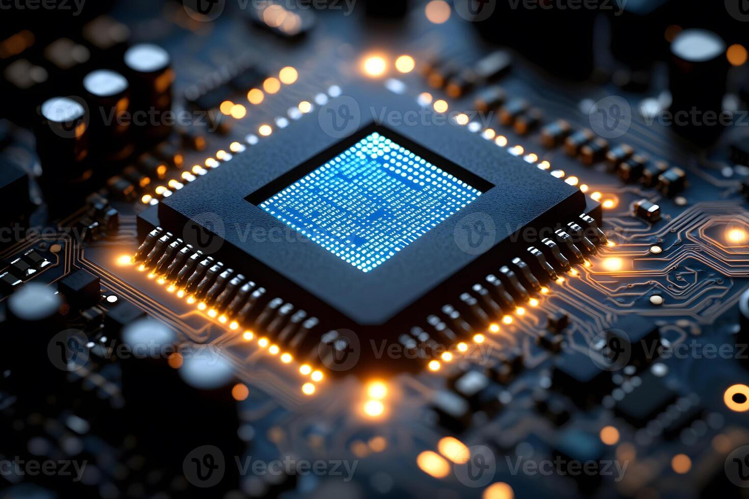 Futuristic Microchip Circuit Board with Glowing Components in High-Tech Setting photo