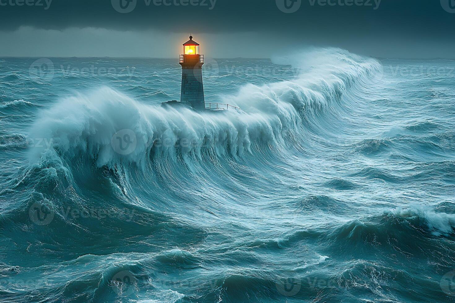 Stormy Sea and Lighthouse Dramatic Coastal Scenery with Powerful Ocean Waves photo