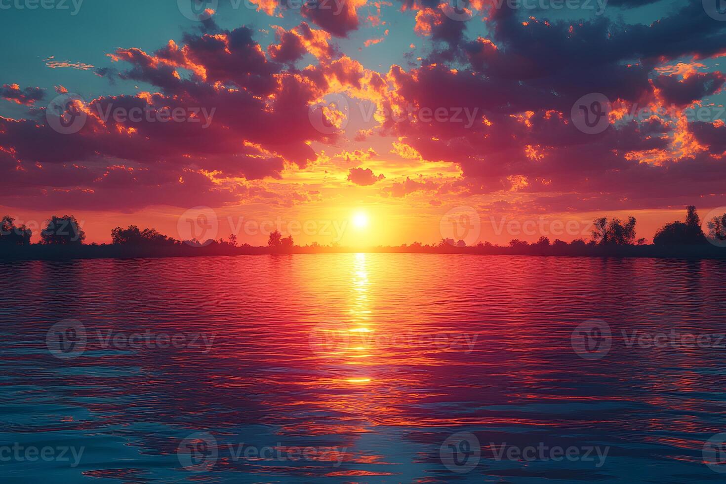 Stunning Sunset Over Tranquil Lake with Vibrant Clouds and Reflections photo