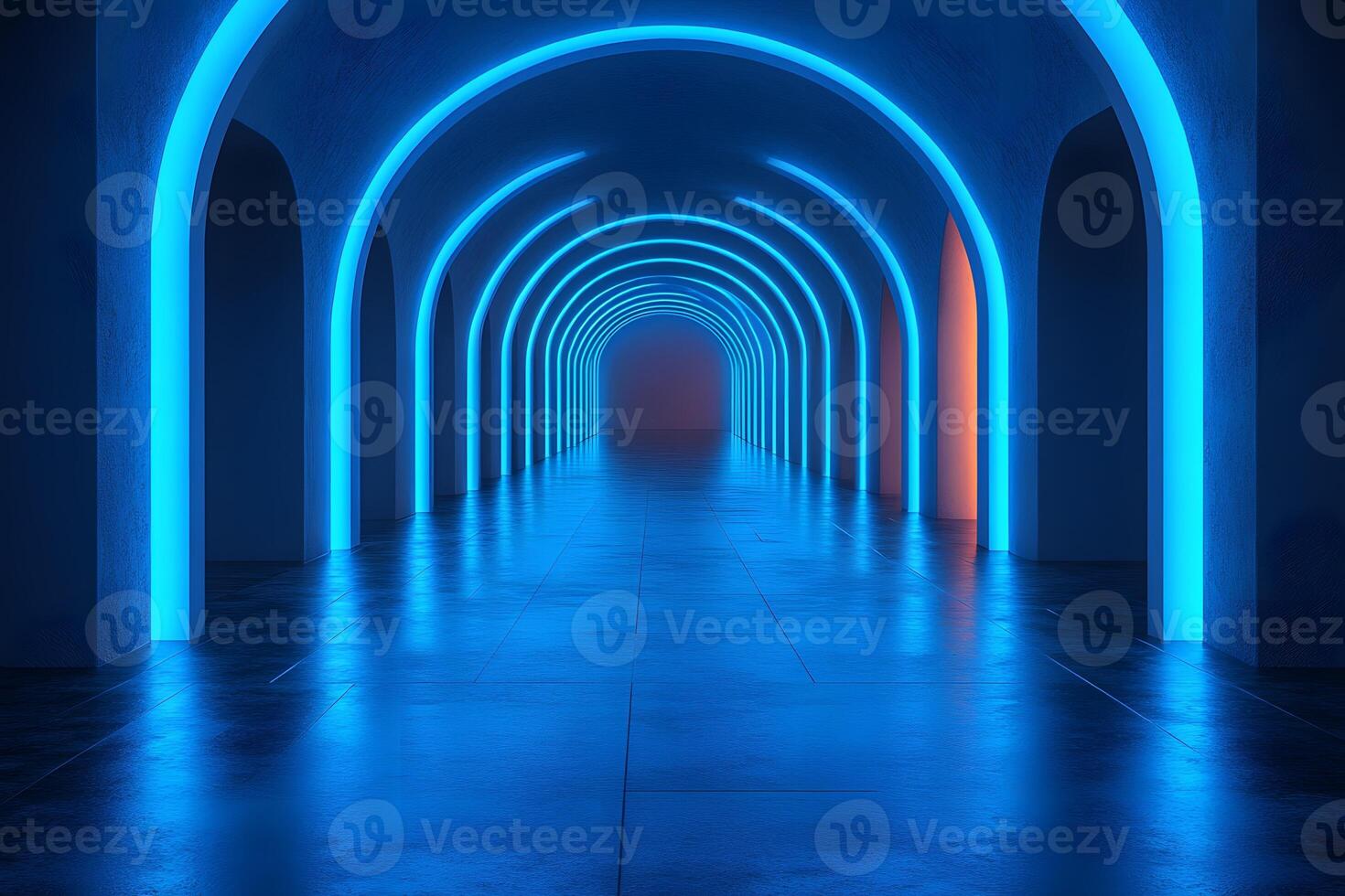 Futuristic Neon Tunnel with Glowing Blue Arches for Digital Innovation Design photo