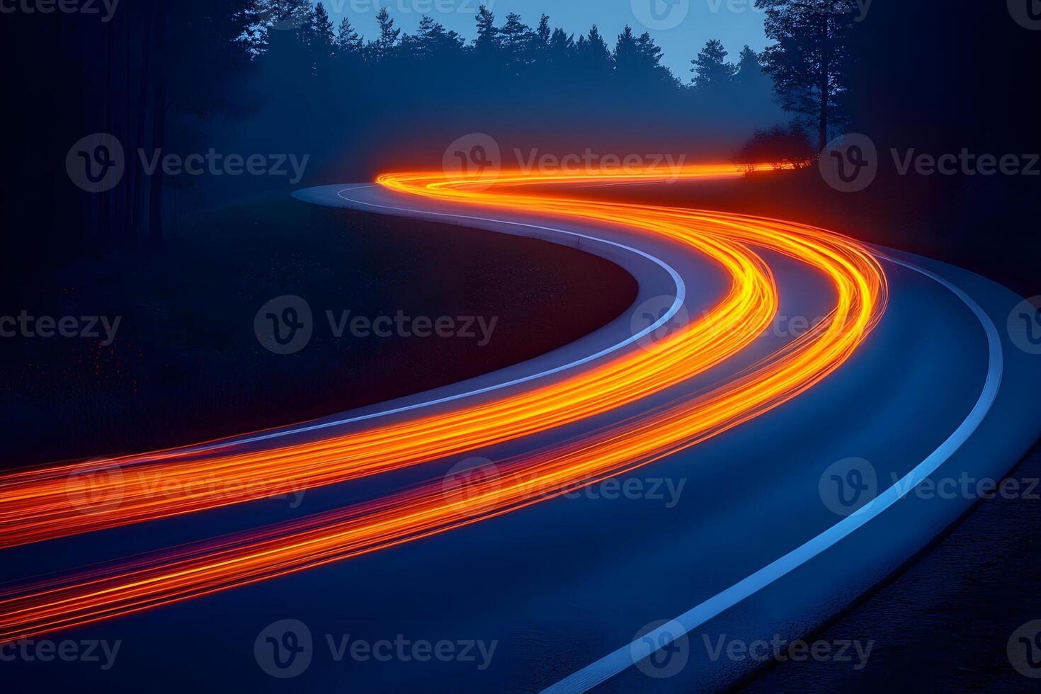 Dynamic Curved Road at Twilight with Light Trails for Transportation Design photo