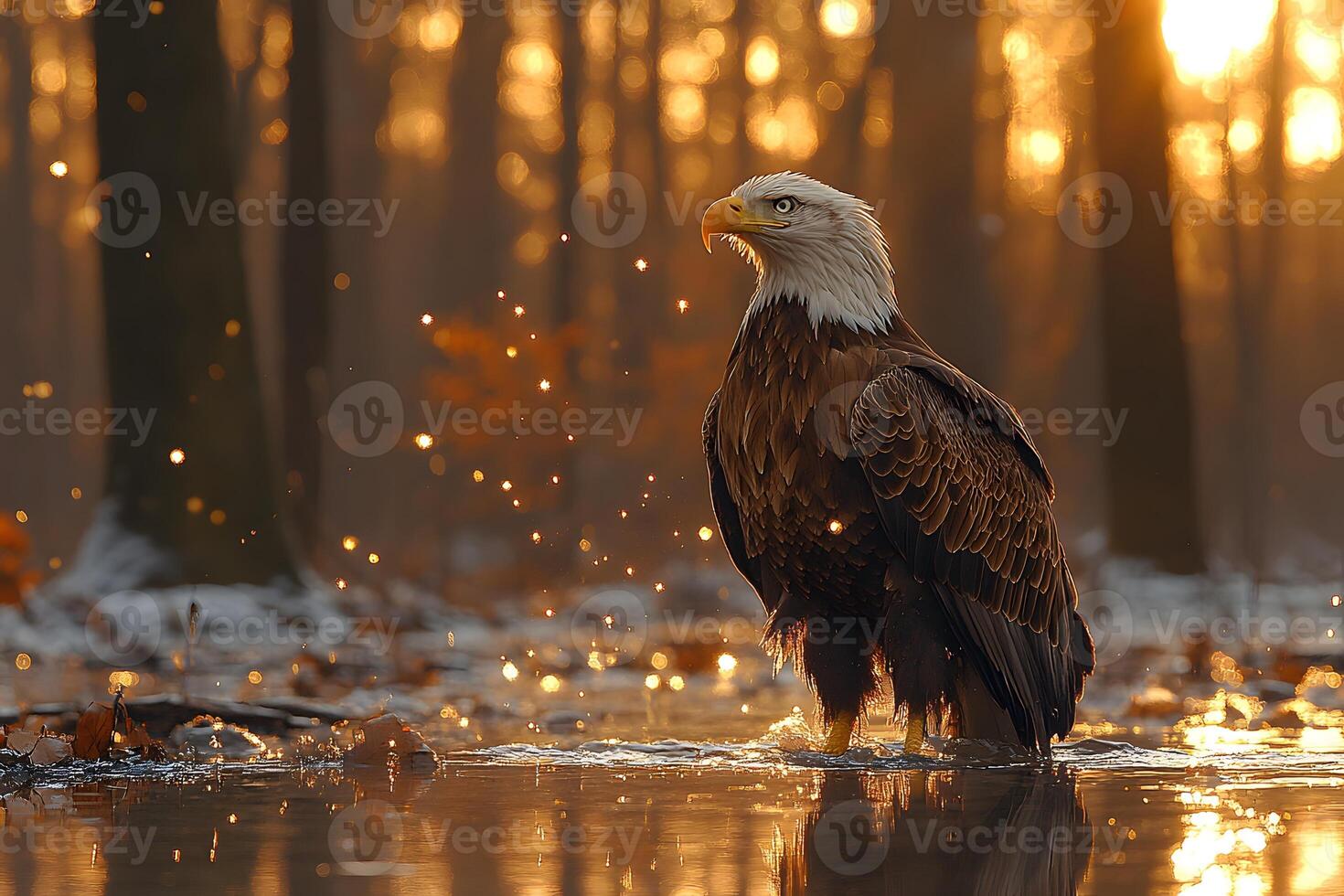 Majestic Bald Eagle in Autumn Forest at Golden Hour for Wildlife Photography and Design photo