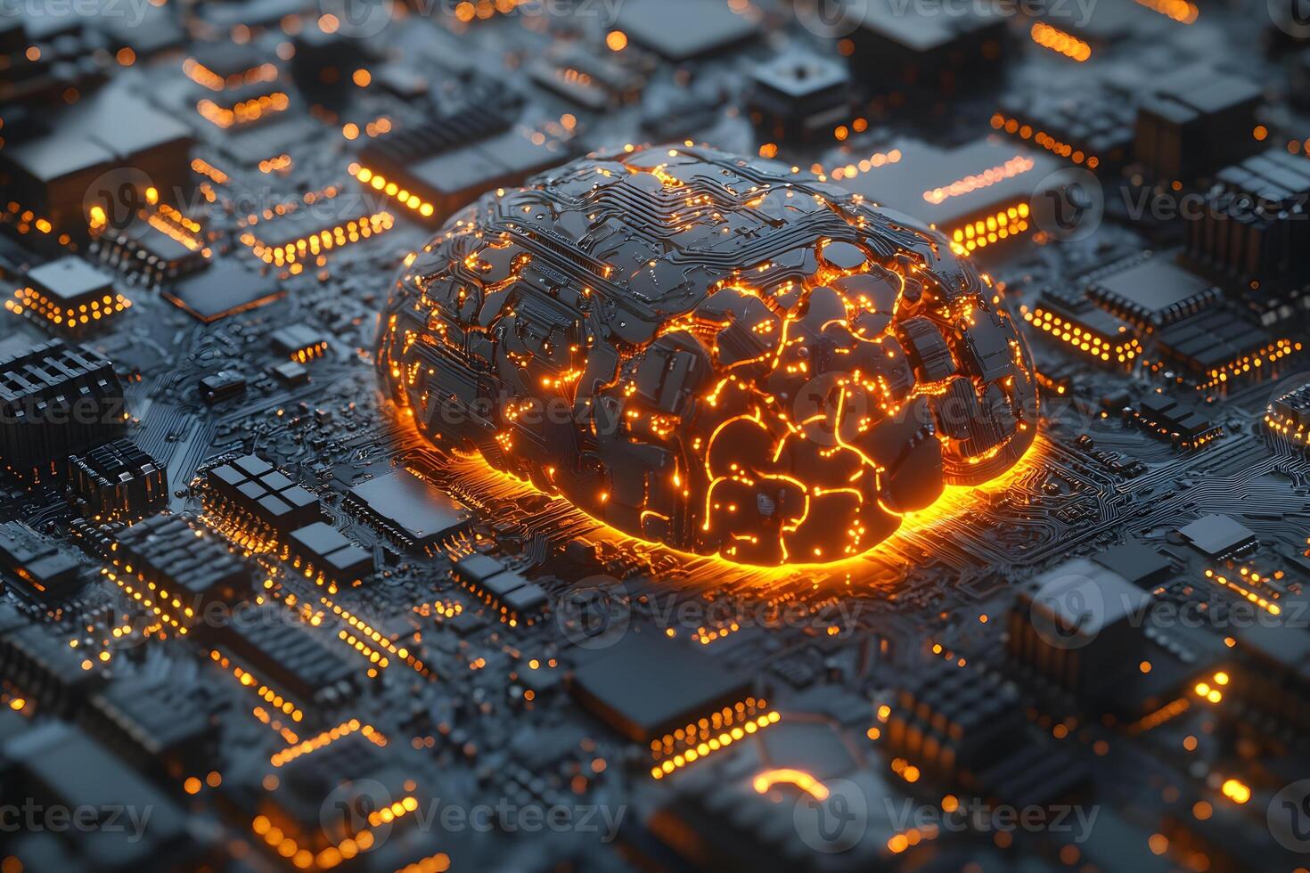 Futuristic AI Concept with Glowing Brain on Circuit Board for Innovation and Technology Design photo
