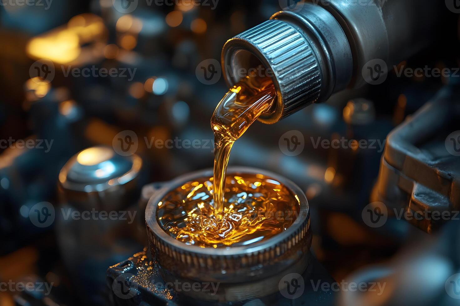 Engine Maintenance Scene with Oil Pouring into Vehicle Engine Component photo
