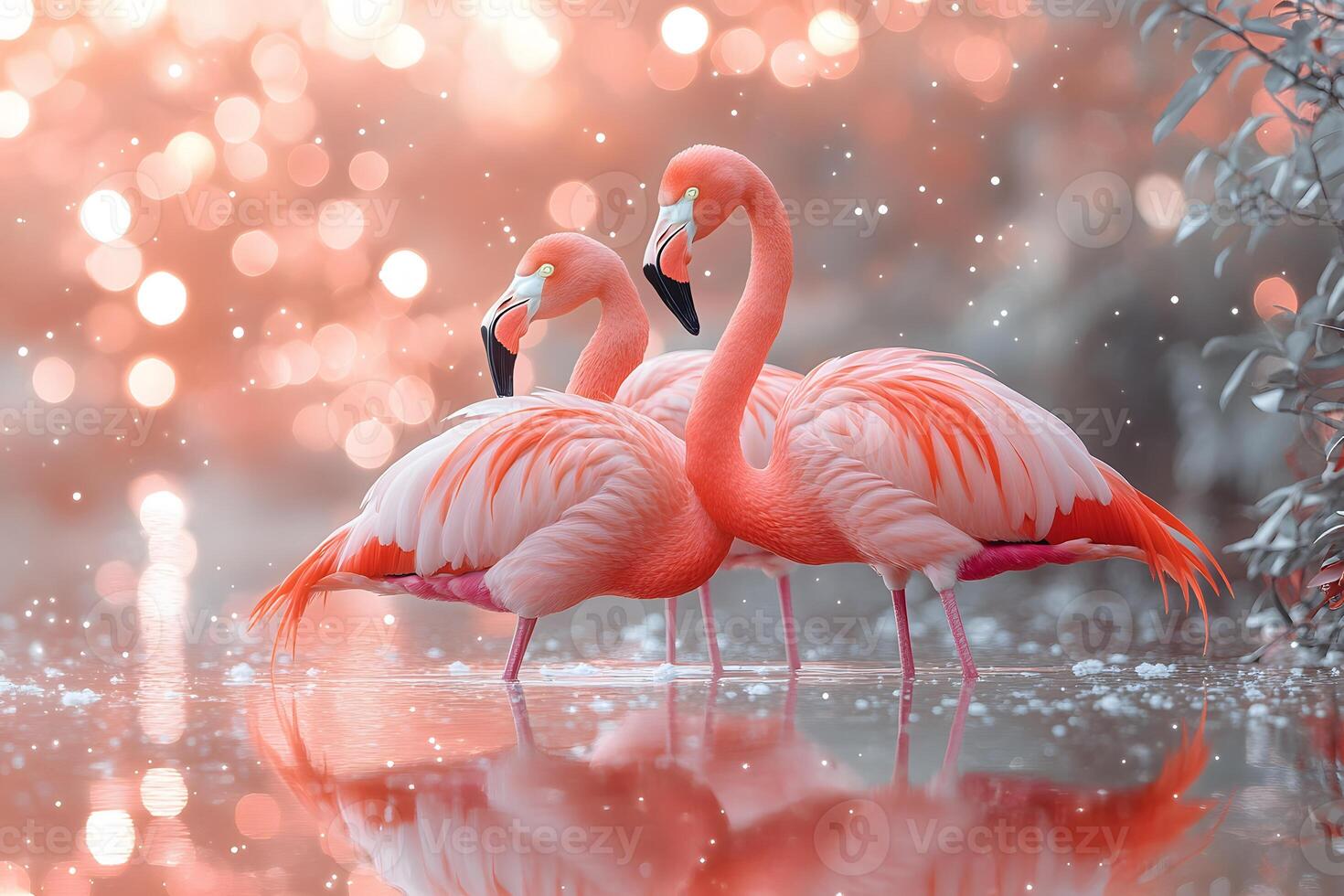 Elegant Flamingos in Serene Water with Soft Bokeh and Sparkling Lights for Nature Photography photo