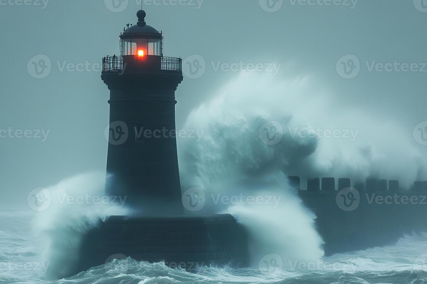 Dramatic Ocean Waves Crashing Against Lighthouse in Stormy Weather photo