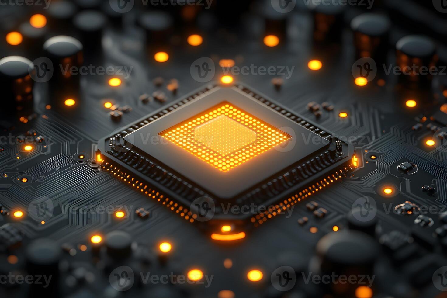 Futuristic Glowing Microchip on Circuit Board - Technology and Innovation Concept photo