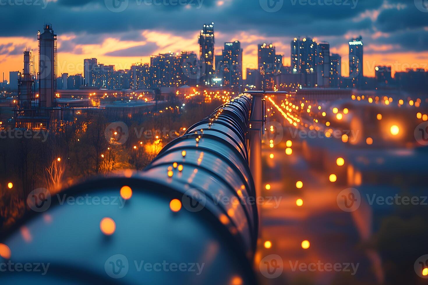 Urban Pipeline at Dusk - Energy Infrastructure and Modern Cityscape for Industrial Design photo