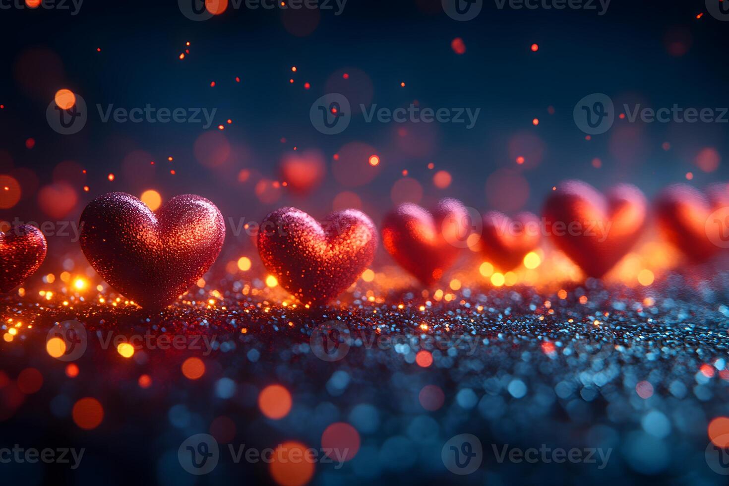Glittering Heart Decorations on Sparkling Surface with Bokeh Lights photo