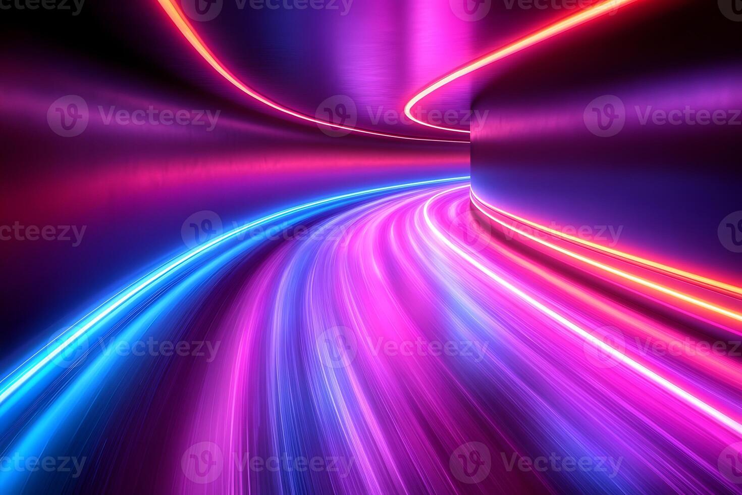 Neon Light Tunnel with Futuristic Curved Lines for Modern Design Concepts photo