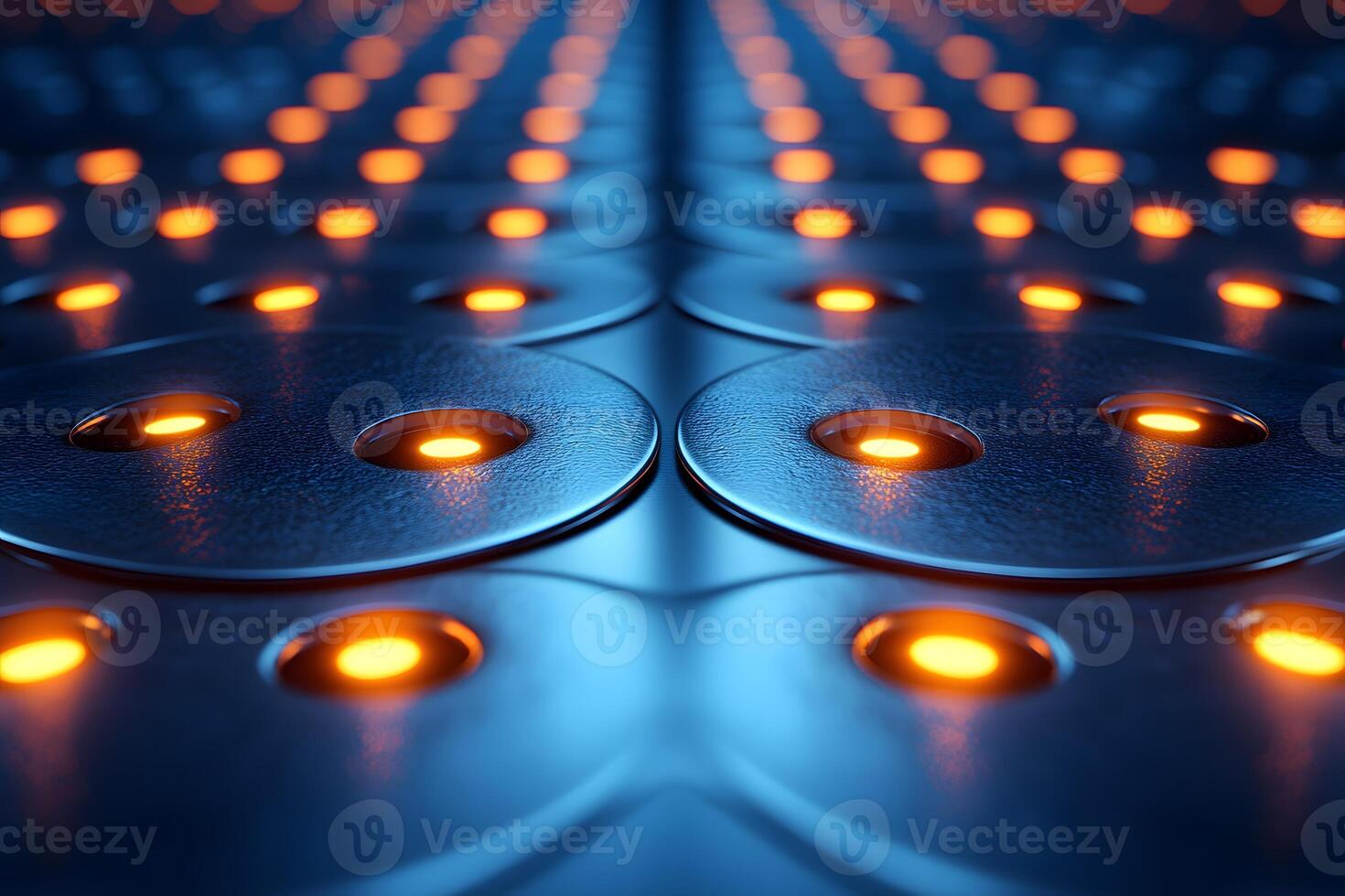 Futuristic Abstract Pattern with Glowing Orange and Blue Metallic Discs for Tech Design photo