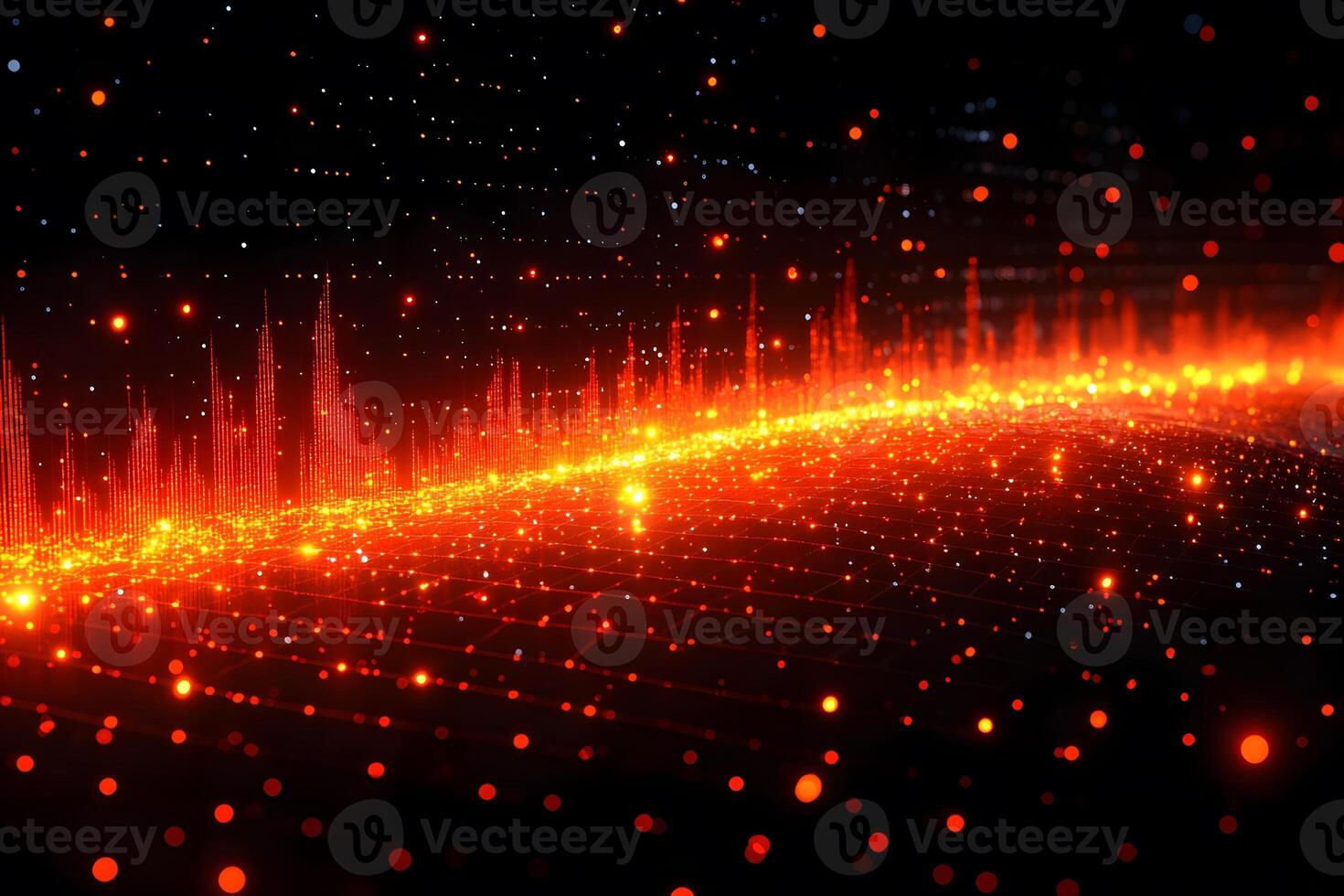 Abstract Data Wave with Glowing Red Particles and Dynamic Grid for Tech Designs photo