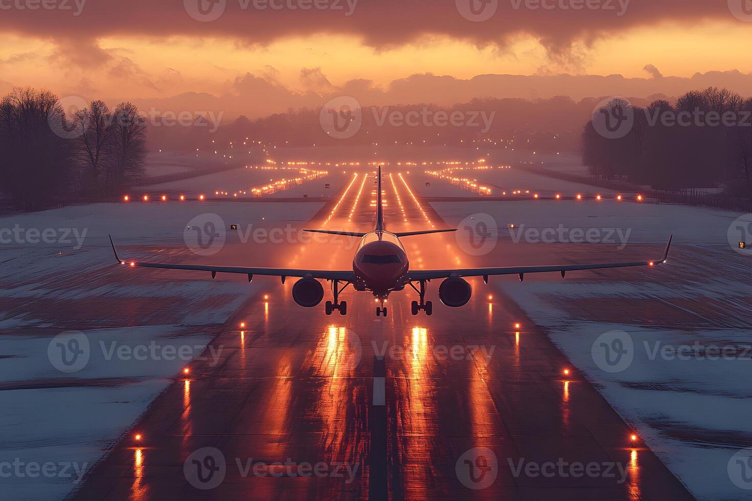 Airplane on Illuminated Runway at Sunset Aviation and Travel Concept photo