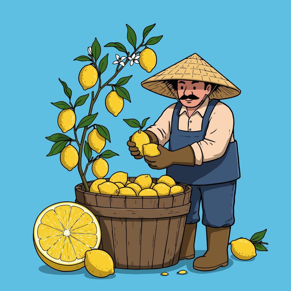 Lemon Harvesting Illustration Farmer with Fruits and Tree Cartoon Style vector