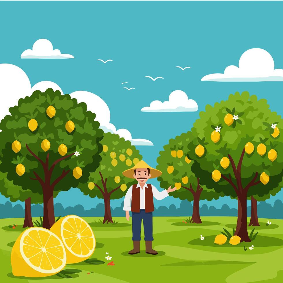Farmer in Lemon Orchard with Fresh Fruit and Blue Sky vector