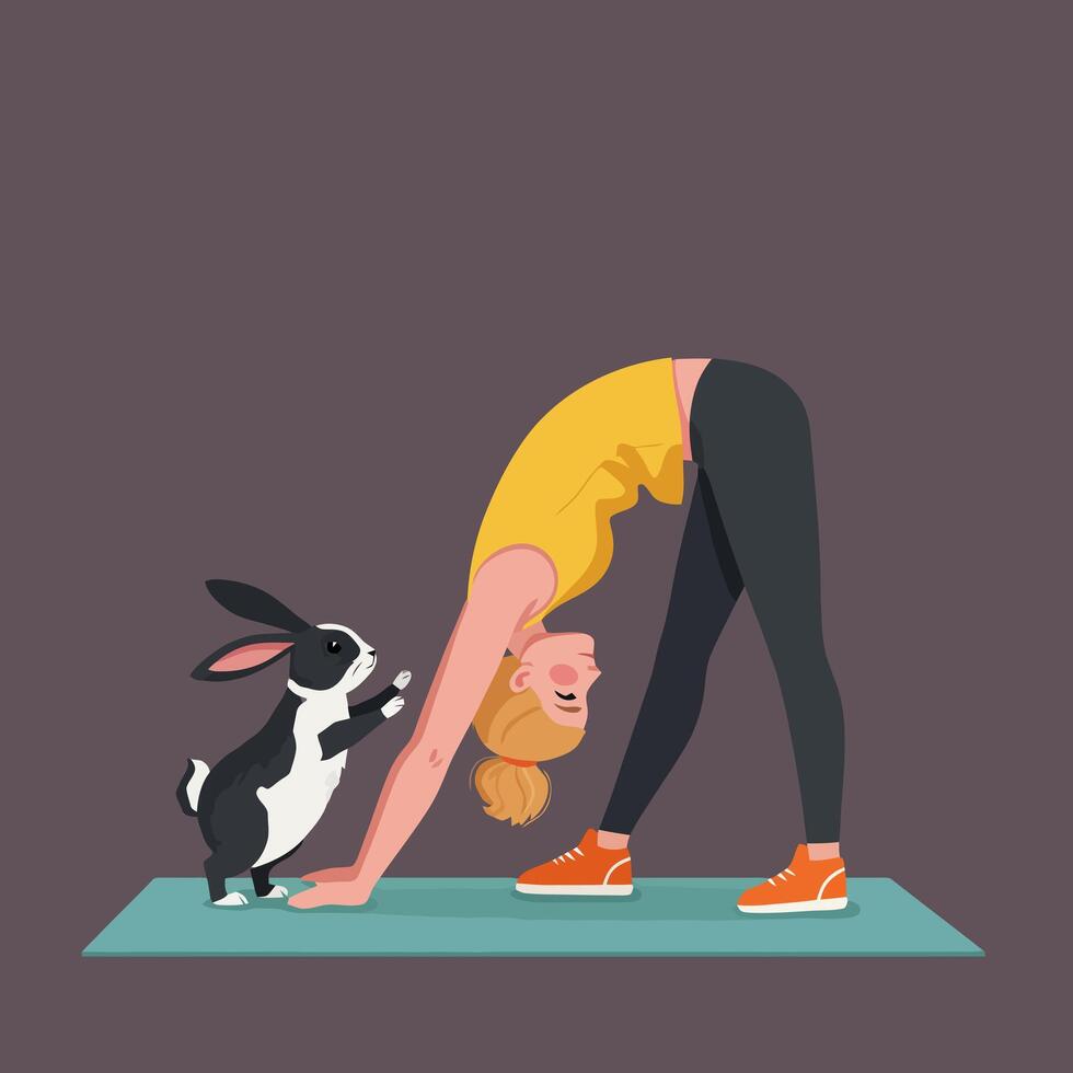 Woman Doing Downward Dog Yoga Pose with Rabbit Illustration vector