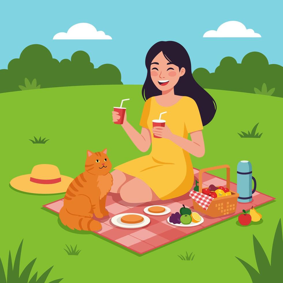 Woman Enjoying Picnic with Pet Cat in Grassy Park Setting vector