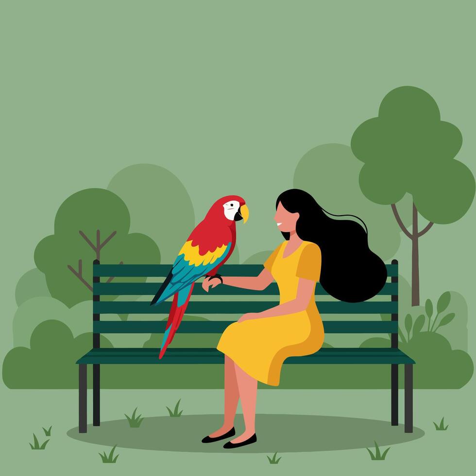 Woman Sitting with Macaw Parrot on Bench in Serene Green Park vector