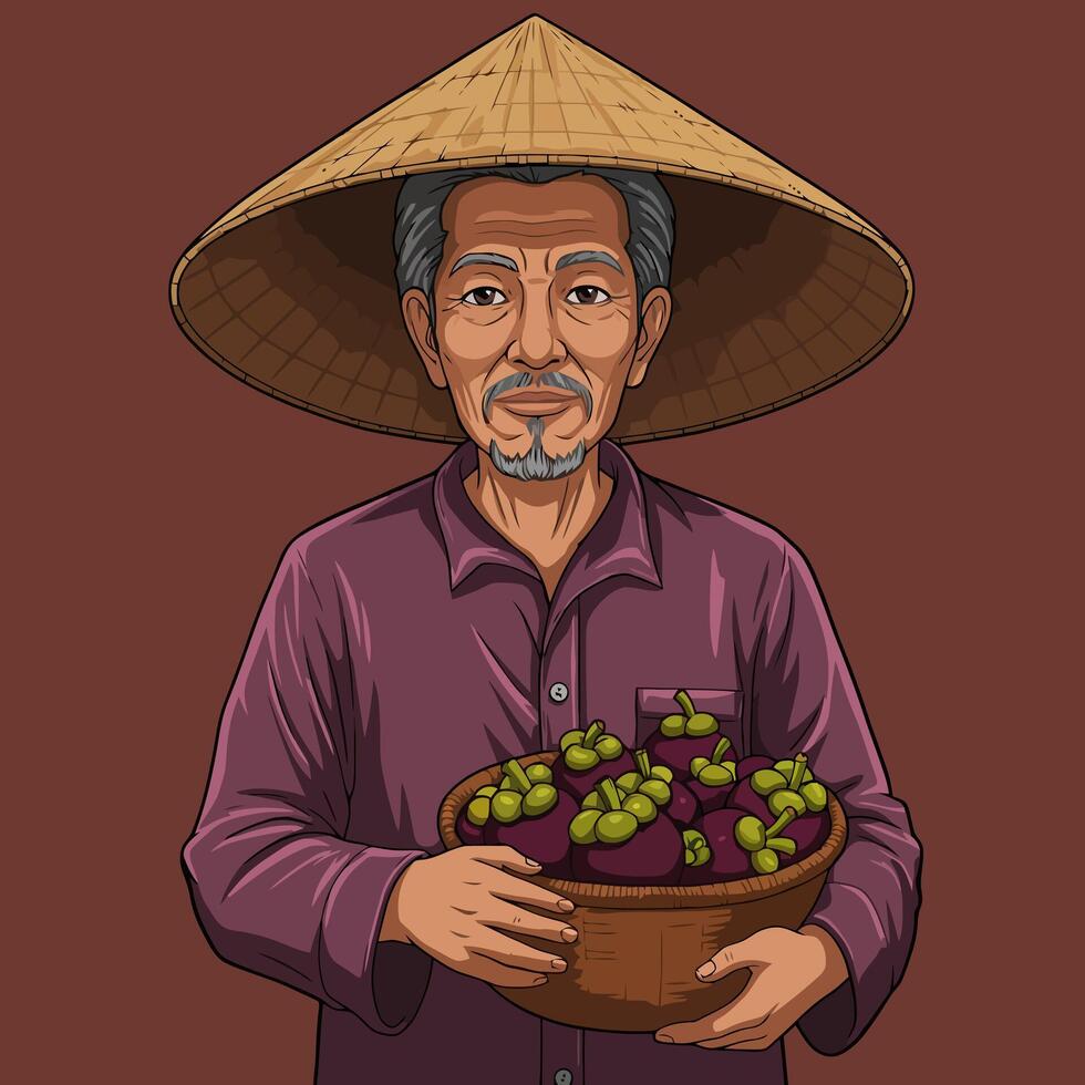 Man Holding Mangosteen Fruit in Basket Wearing Traditional Asian Hat vector