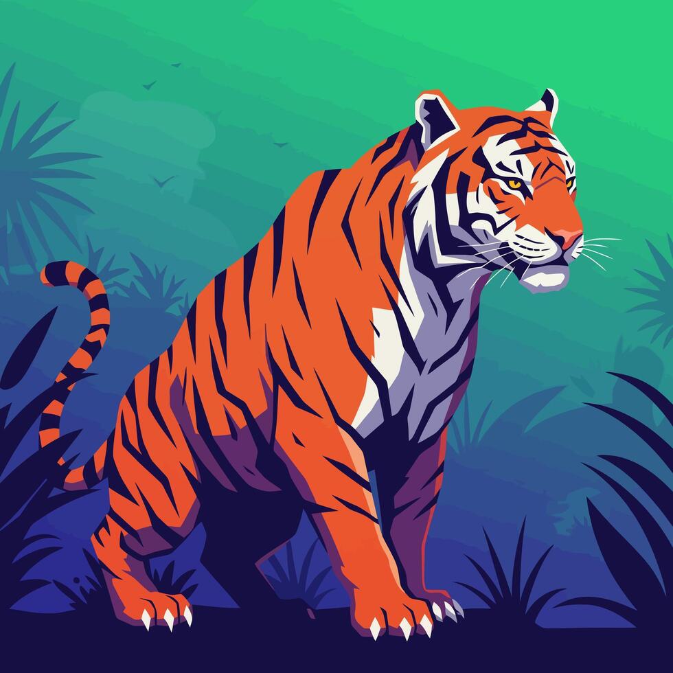 Tiger Sitting in Jungle Illustration in a Bold Graphic Style vector