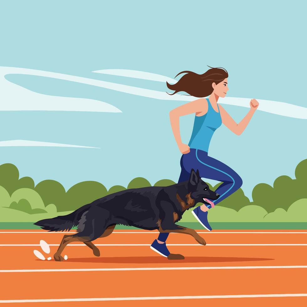 Woman Running with Dog on Track Exercising Together Outdoors vector