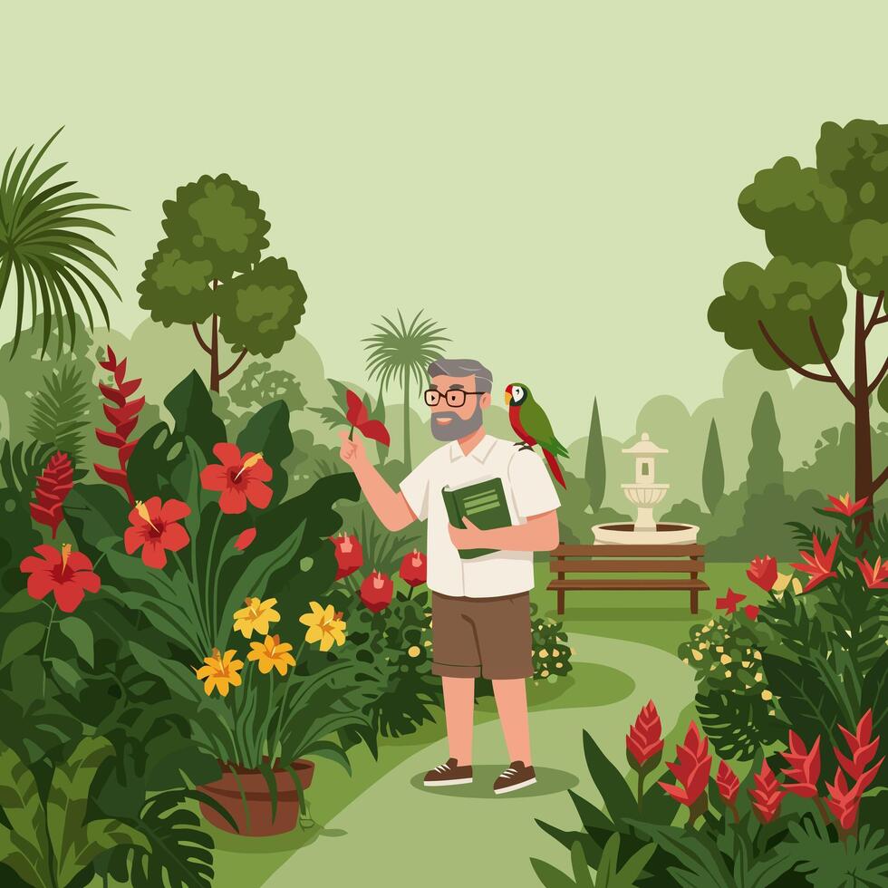 Person Exploring Tropical Garden with Parrot and Flowering Plants vector