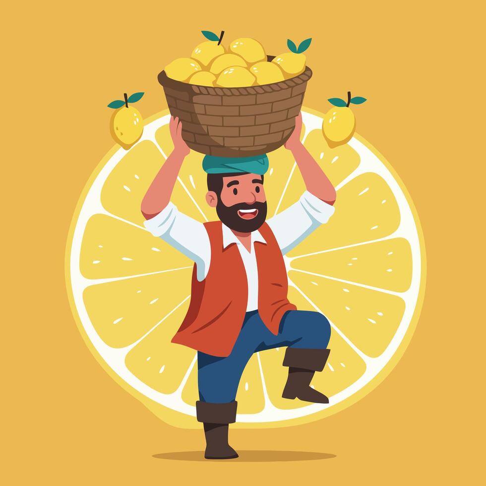 Carrying Lemon Harvest Happy Man with Citrus Fruit Illustration vector