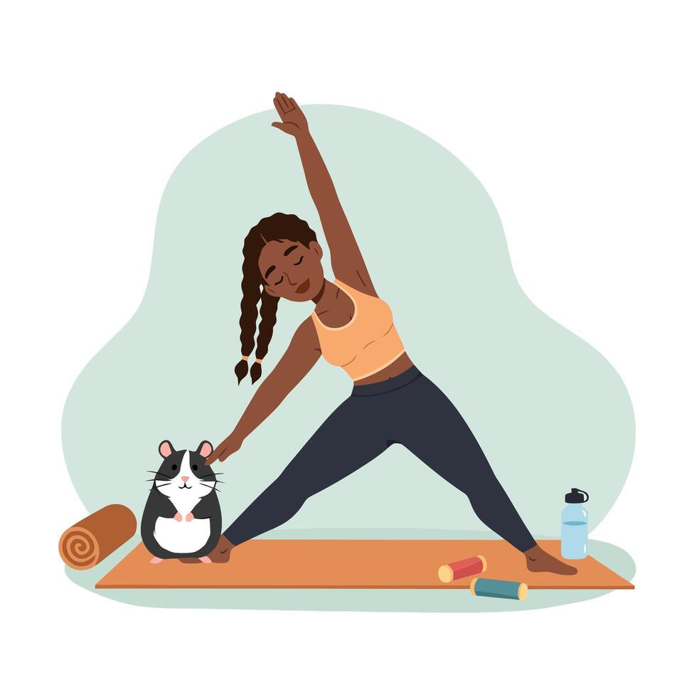 Woman Practicing Yoga with Hamster on Mat Indoors During Daytime vector