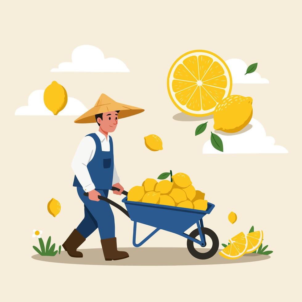 Farmer Pushing Wheelbarrow Full of Lemons in an Orchard Cartoon vector