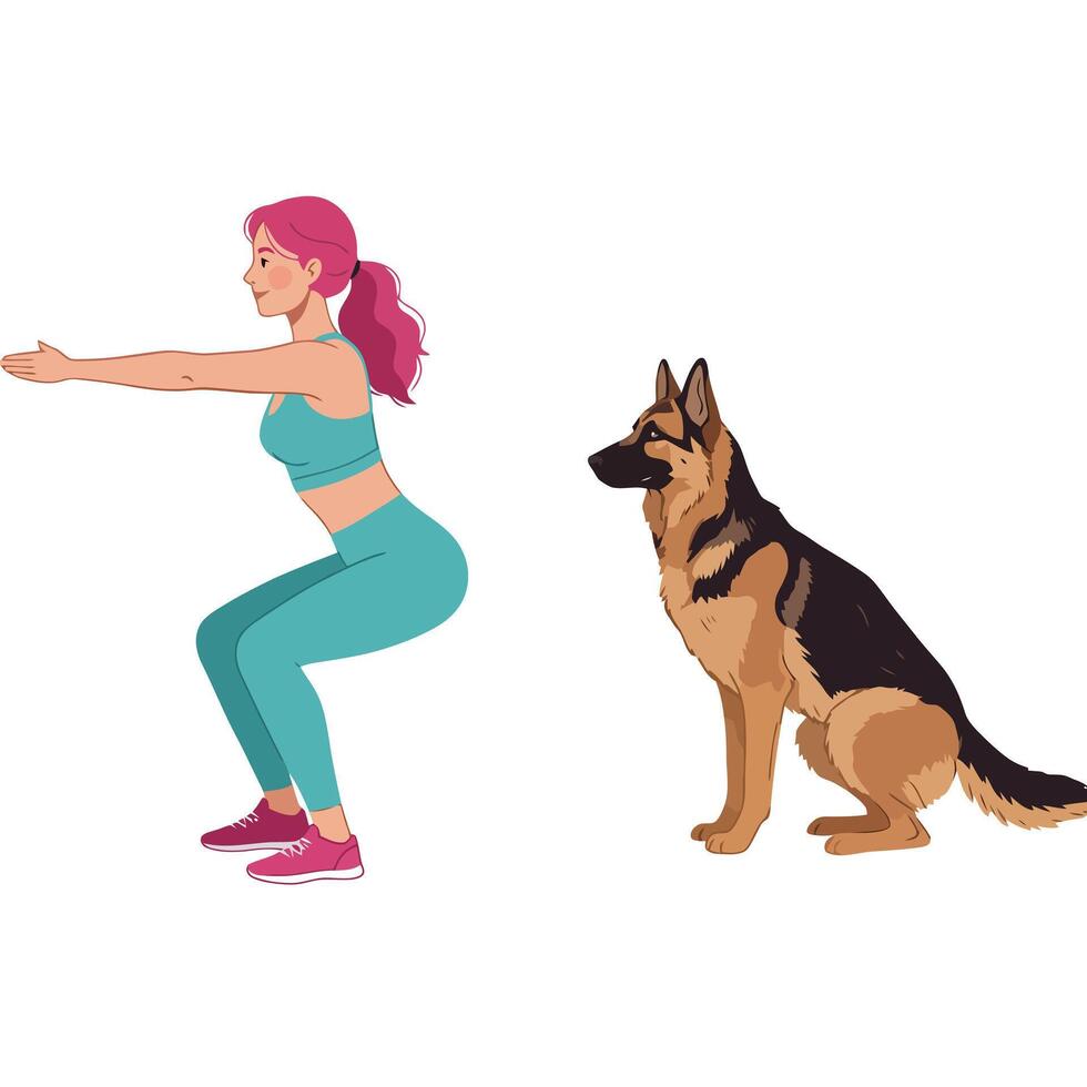 Woman Exercising Doing Squats with Dog Sitting Beside Her vector