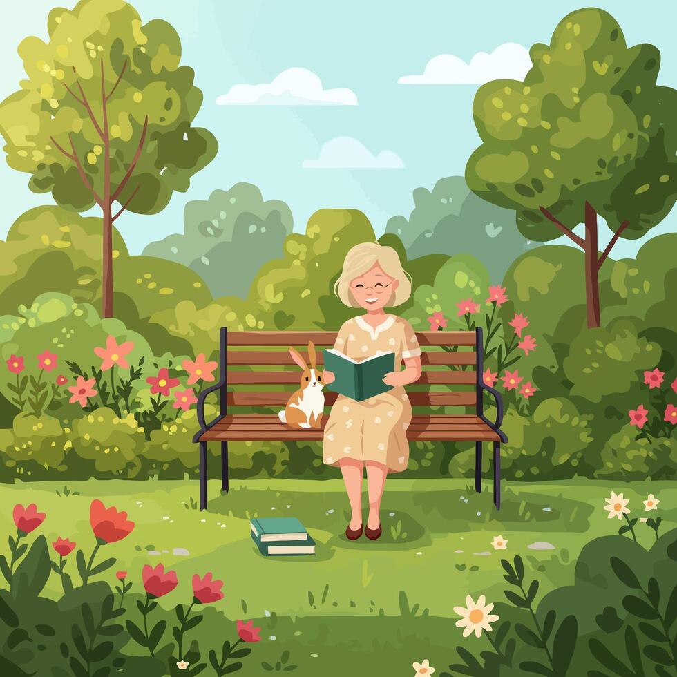 Woman Reading Book with Rabbit on Park Bench Surrounded by Flowers vector