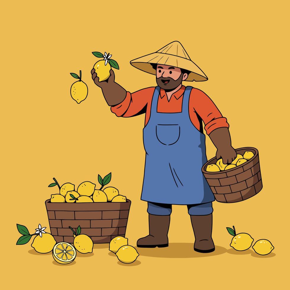 Farmer Holding Fresh Lemon with Baskets Full of Lemons Illustration vector