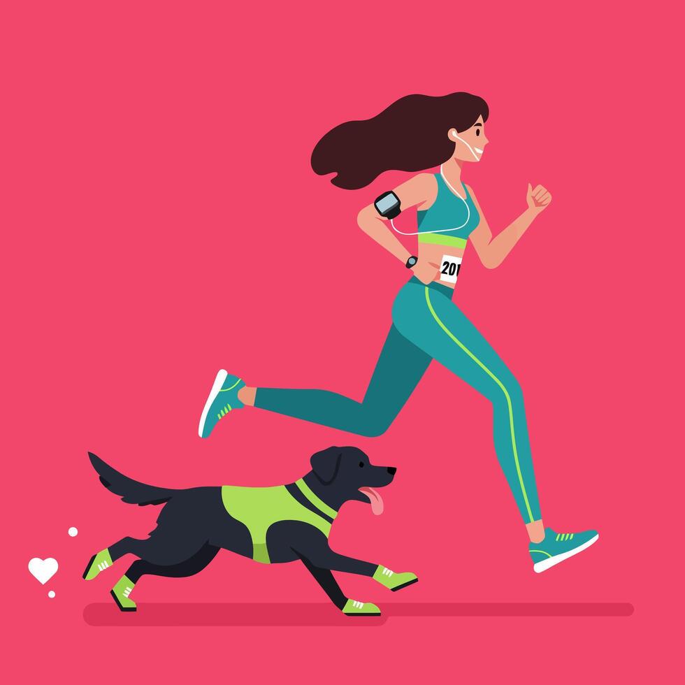 Woman Running with Dog Illustration Flat Design for Active Lifestyle vector
