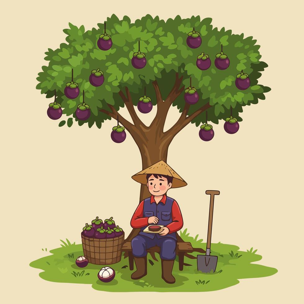 Farmer Relaxing Under Fruit Tree After Harvesting Mangosteens Cartoon vector
