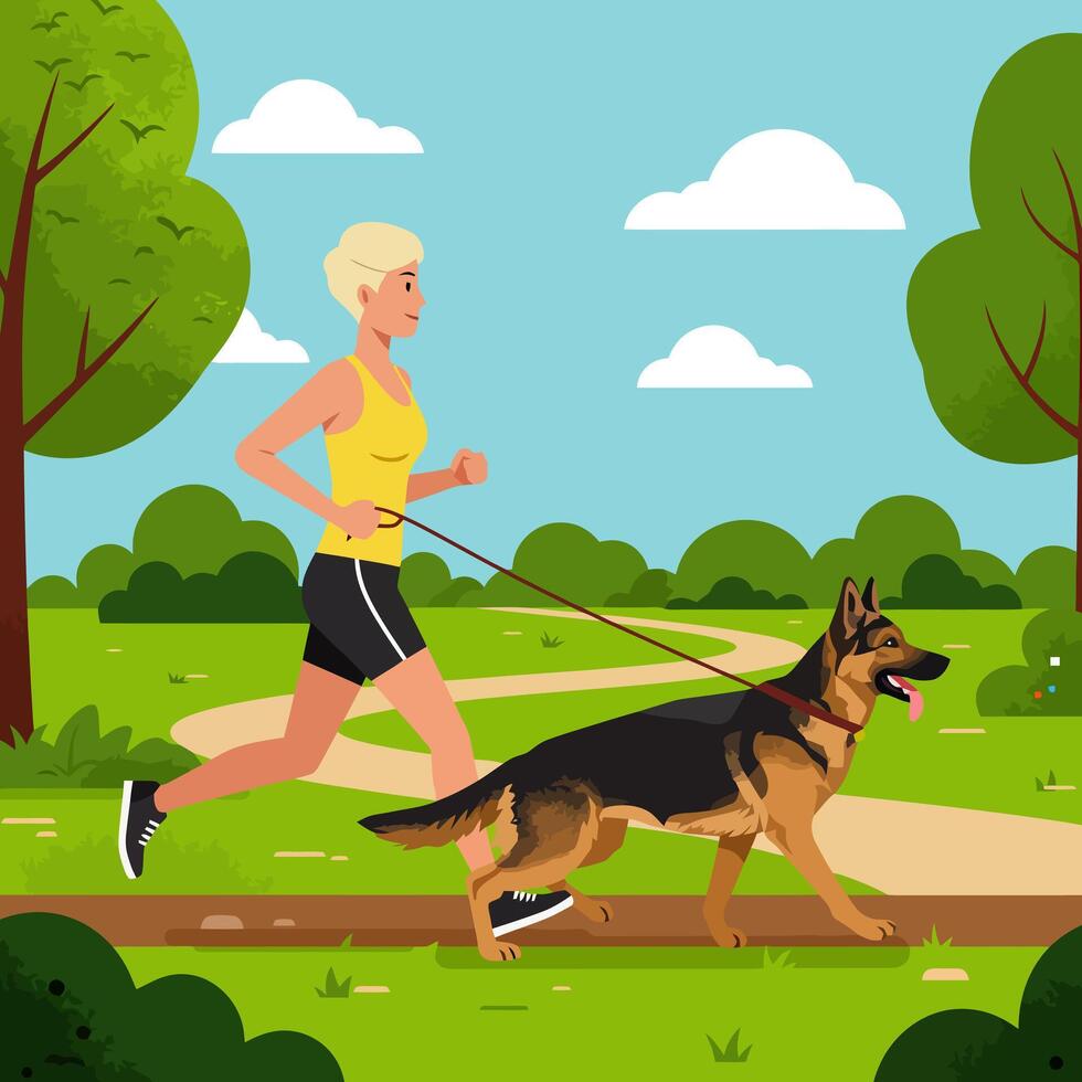 Woman Jogging with Dog in Park on Sunny Day vector