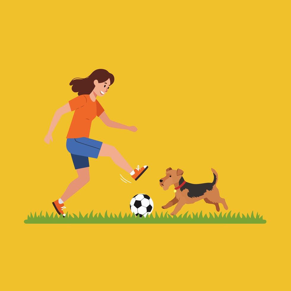 Woman Kicking Soccer Ball Playing with Dog in the Grass vector