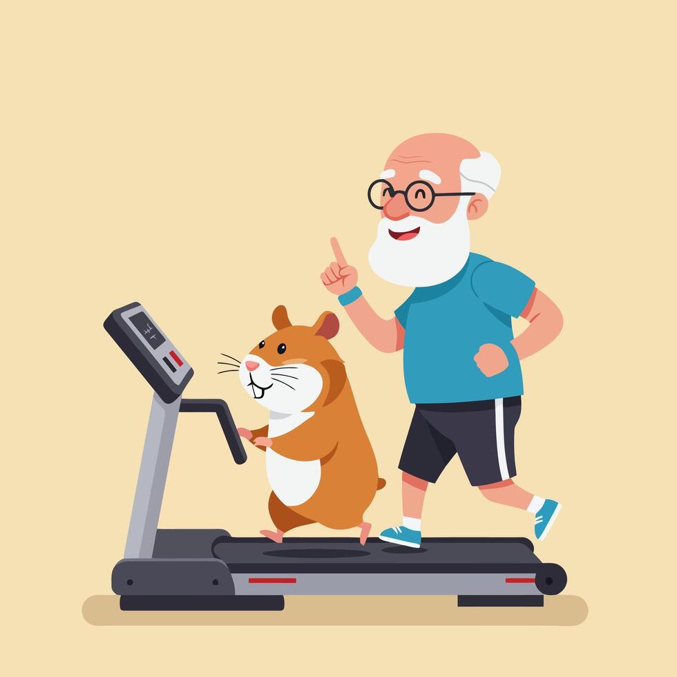 Cartoon Man and Hamster Running Together on Treadmill for Health vector