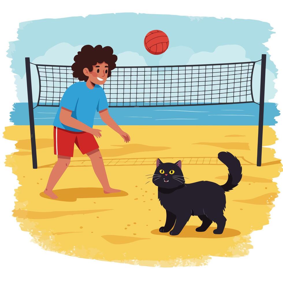 Boy Playing Beach Volleyball with Cat Watching the Action Happening vector