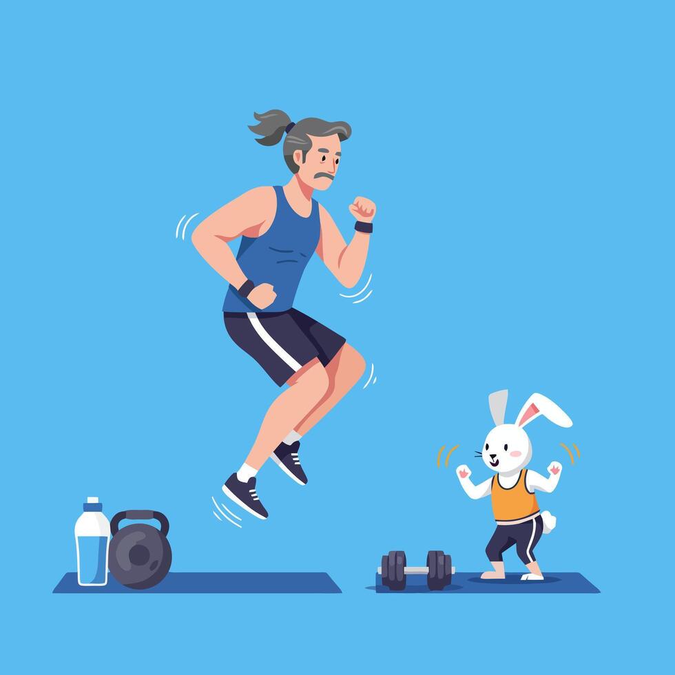 Man Jumping with Motivation From Rabbit During Workout Illustration vector