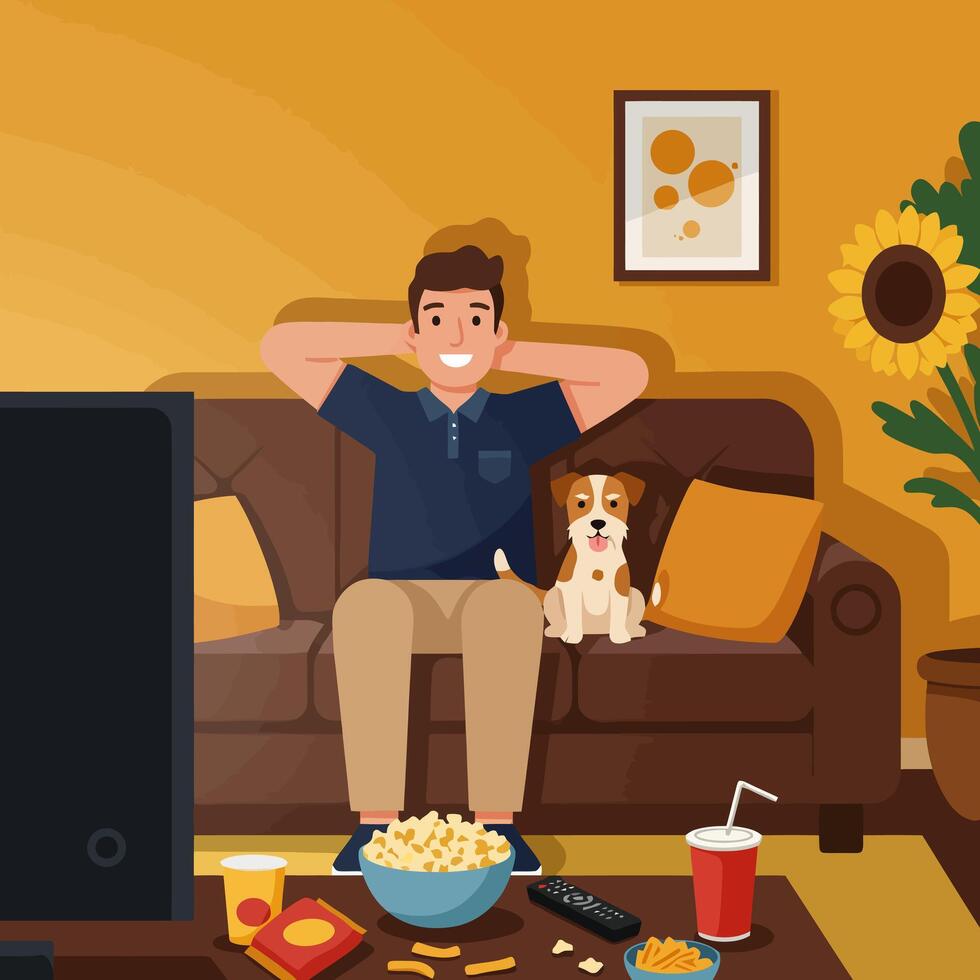 Relaxing Man Watching Television with Dog in a Comfy Living Room vector