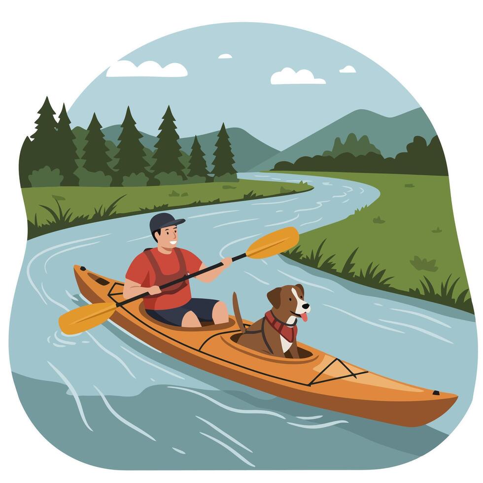 Man Kayaking on River with Dog Amidst a Green Landscape vector